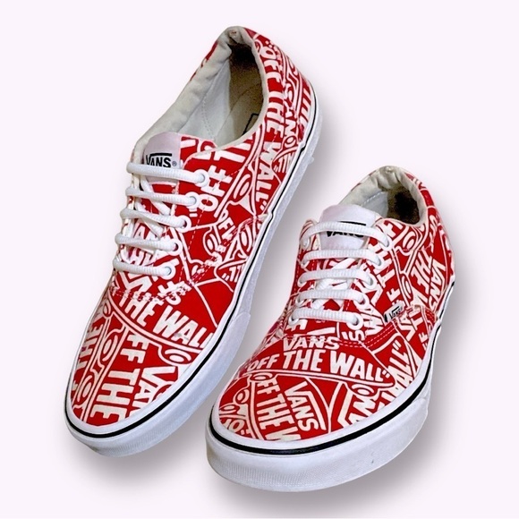VANS Off The Wall Canvas Repeat Allover Red White Sneakers Men’s Size 9 - Picture 1 of 9